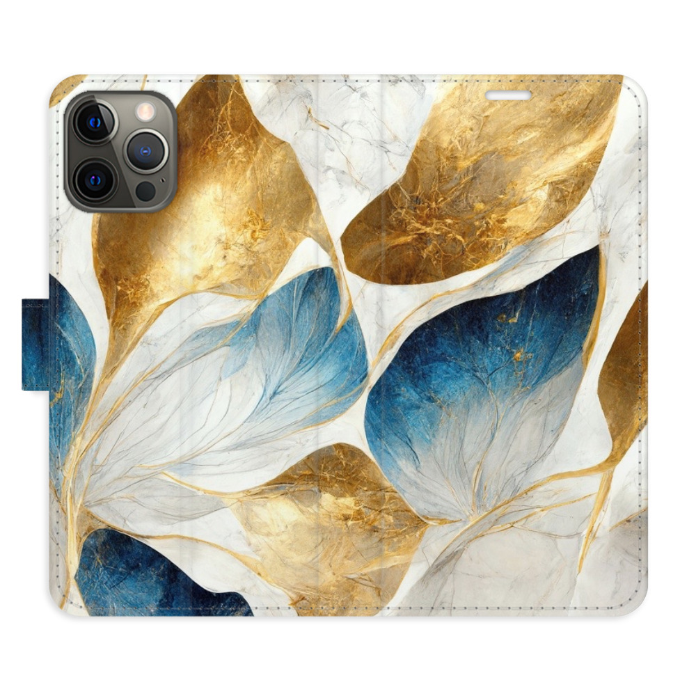 Flipové puzdro iSaprio - GoldBlue Leaves - iPhone 12/12 Pro