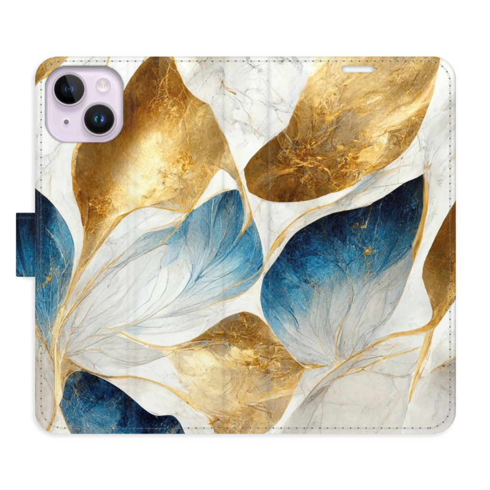 Flipové puzdro iSaprio - GoldBlue Leaves - iPhone 14 Plus